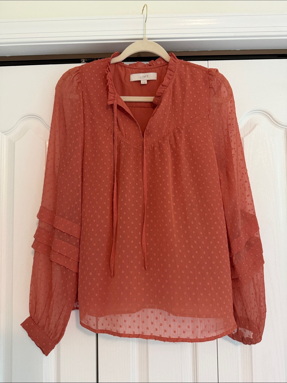 LOFT Rusty Orange Swiss Dot Tie-Neck Blouse